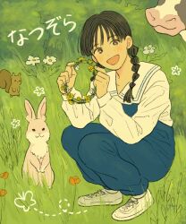 Rule 34 | 1girl, black hair, blue overalls, blush, braid, commentary, cow, flower, grass, head wreath, highres, holding, holding wreath, long sleeves, natsu okuhara, natsuzora, open mouth, orange flower, outdoors, overalls, pikara, rabbit, solo, squatting, squirrel, translated, twin braids, white flower, white footwear, yellow flower