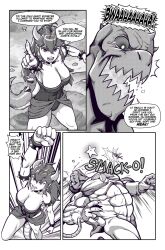 Rule 34 | 1boy, 1girl, ahoge, armlet, battle, bowsette, bracelet, breasts, cleavage, clenched hands, collar, commentary, english commentary, fingernails, furry, furry male, giant, greyscale, highres, horns, jewelry, jumping, lakitu, large breasts, left-to-right manga, leotard, long hair, mario (series), monochrome, monster boy, new super mario bros. u deluxe, nintendo, pointing, pointing at another, punching, sharp fingernails, sharp teeth, showgirl skirt, size difference, speed lines, spiked armlet, spiked bracelet, spiked collar, spiked shell, spiked tail, spikes, strapless, strapless leotard, tail, teeth, thick thighs, thighs, tony kuusisto, turtle shell, uppercut