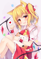 Rule 34 | 1girl, :d, absurdres, animal ear fluff, animal ears, ascot, blouse, blush, cat ears, commentary request, crystal, fang, feet out of frame, flandre scarlet, frilled shirt collar, frills, grey background, hair ribbon, hand up, head tilt, heart, highres, holding, holding stuffed toy, kemonomimi mode, knees up, looking at viewer, miniskirt, miy@, no headwear, one side up, open mouth, paw print, petticoat, red eyes, red ribbon, red skirt, red vest, ribbon, shirt, short hair, simple background, sitting, skirt, smile, solo, spoken heart, stuffed animal, stuffed cat, stuffed toy, touhou, vest, wings, wrist cuffs, yellow ascot