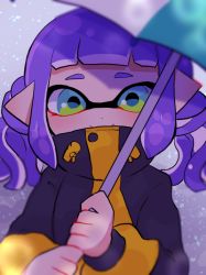 Rule 34 | 1girl, blunt bangs, blurry, closed mouth, coat, commentary, drawstring, green eyes, green umbrella, grey sky, holding, holding umbrella, inkling, inkling girl, inkling player character, looking at viewer, medium hair, nintendo, outdoors, pointy ears, purple hair, riku (ururi7610), sky, smile, snow, solo, splatoon (series), splatoon 2, symbol-only commentary, tentacle hair, twintails, umbrella, yellow coat