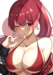 1girl bare_shoulders bikini black_jacket blush breasts cleavage commentary_request earrings finger_to_mouth hair_between_eyes halterneck heart heart_earrings heart_necklace highres hololive houshou_marine houshou_marine_(summer) jacket jewelry large_breasts long_hair long_sleeves looking_at_viewer menmen_(menmen13s) necklace off_shoulder open_clothes open_jacket parted_lips ponytail red_bikini red_eyes red_hair simple_background solo string_bikini swimsuit virtual_youtuber white_background