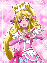 Rule 34 | 1girl, :d, aida mana, blonde hair, bow, brooch, choker, collarbone, cure heart, dokidoki! precure, dress, earrings, floating hair, hair ornament, hanzou, heart, heart brooch, heart earrings, heart hands, high ponytail, jewelry, long hair, looking at viewer, magical girl, open mouth, pink bow, pink dress, precure, purple eyes, smile, solo, upper body, very long hair