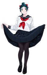 Rule 34 | 1girl, absurdres, alternate costume, black footwear, black pantyhose, clothes lift, full body, green eyes, hair ribbon, highres, irako (kancolle), kantai collection, loafers, long sleeves, looking at viewer, ojipon, pantyhose, pleated skirt, ponytail, red neckwear, ribbon, school uniform, serafuku, shoes, simple background, skirt, skirt lift, smile, solo, standing, white background