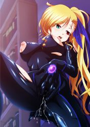 Rule 34 | 10s, 1girl, blonde hair, bodysuit, book, bookshelf, breasts, female masturbation, fingering, fingering through clothes, hair ribbon, heterochromia, highres, indoors, long hair, lyrical nanoha, mahou shoujo lyrical nanoha vivid, masturbation, nipples, aged up, open mouth, pussy juice, ribbon, side ponytail, skin tight, solo, tappa (esperanza), through clothes, tongue, tongue out, torn bodysuit, torn clothes, vivio