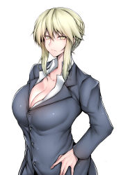 Rule 34 | 1girl, absurdres, alternate costume, artoria pendragon (all), artoria pendragon (fate), artoria pendragon (lancer) (fate), artoria pendragon (lancer alter) (fate), black jacket, blonde hair, blouse, braid, breasts, buttons, cleavage, closed mouth, collarbone, collared shirt, crown braid, dress shirt, fate/grand order, fate (series), formal, french braid, gggg, hand on own hip, highres, jacket, large breasts, looking at viewer, office lady, saber (fate), saber alter, shirt, short hair, sidelocks, simple background, solo, upper body, white background, white shirt, yellow eyes
