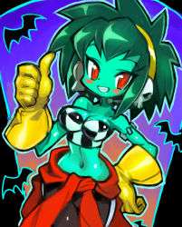 Rule 34 | 1girl, absurdres, bare arms, bare shoulders, blue skin, blush, breasts, cleavage, clothes around waist, colored skin, dakusuta, earrings, gloves, green hair, green skin, hairband, halloween, hand on own hip, highres, jewelry, midriff, navel, official alternate costume, red eyes, rottytops, shantae (series), short hair, sidelocks, skull earrings, smile, solo, thumbs up, tsurime, yellow gloves