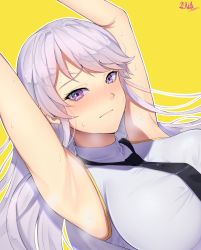 Rule 34 | 1girl, armpits, arms up, azur lane, band-width, black necktie, blush, breasts, closed mouth, collared shirt, embarrassed, enterprise (azur lane), floating hair, highres, large breasts, looking at viewer, necktie, nose blush, purple eyes, shirt, signature, silver hair, simple background, sleeveless, sleeveless shirt, solo, sweat, yellow background