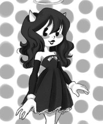 Rule 34 | 1girl, alice (bendy and the ink machine), bare shoulders, bendy and the ink machine, black hair, breasts, detached sleeves, dress, gloves, highres, horns, lipstick, makeup, solo