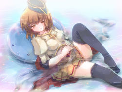 Rule 34 | 1girl, :3, armor, bad id, bad pixiv id, bicorne, black thighhighs, blue headwear, blush, boobplate, breastplate, breasts, brown eyes, brown hair, brown skirt, cape, closed mouth, commentary request, foot out of frame, hair between eyes, hat, hizukiryou, marin (ragnarok online), no shoes, paladin (ragnarok online), partially submerged, ragnarok online, red cape, short hair, sitting, skirt, slime (creature), smile, thighhighs, water