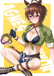 Rule 34 | 1girl, absurdres, agnes tachyon (lunatic lab) (umamusume), agnes tachyon (umamusume), ahoge, animal ears, belt, bikini, black belt, black bikini, black footwear, black gloves, blue shorts, blush, border, breast pocket, breasts, canister, character name, cleavage, closed mouth, commentary, criss-cross halter, cropped legs, crossed legs, denim, denim shorts, ear ornament, flask, gloves, green jacket, halterneck, highres, holding, holding flask, horse ears, horse girl, horse tail, indian style, jacket, large breasts, looking at viewer, midriff, navel, official alternate costume, okomedaisuki 07, open clothes, open fly, open shorts, pocket, red eyes, round-bottom flask, sandals, shorts, simple background, single glove, sitting, sleeves rolled up, solo, swimsuit, tail, tied jacket, umamusume, white border, yellow background