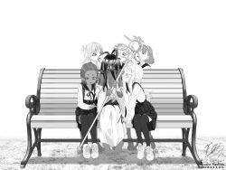 Rule 34 | 6+girls, antenna hair, barefoot, bench, blush, borrowed character, dark-skinned female, dark elf, dark skin, dress, elf, embarrassed, full body, glasses, greyscale, hair bobbles, hair ornament, holding, holding staff, long hair, long sleeves, looking at another, monochrome, multiple girls, open mouth, original, pointy ears, ryusho hashida, sailor collar, sitting, skirt, staff, suspender skirt, suspenders, thighhighs, two side up, wavy mouth