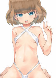 Rule 34 | 1girl, blonde hair, blue eyes, blush, breasts, collarbone, covered erect nipples, female focus, girls und panzer, groin, highres, katyusha (girls und panzer), kotamatimo, looking at viewer, navel, one-piece swimsuit, open mouth, short hair, simple background, skindentation, slingshot swimsuit, small breasts, solo, swimsuit, teeth, upper teeth only, v, white background, white one-piece swimsuit
