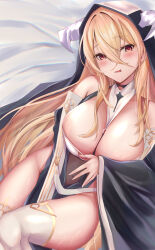 Rule 34 | 1girl, absurdres, azur lane, bare shoulders, blonde hair, breast cutout, breasts, cleavage, fake horns, habit, hair between eyes, highres, horns, implacable (azur lane), large breasts, long bangs, long hair, looking at viewer, nun, pelvic curtain, red eyes, revealing clothes, see-through, solo, spekkio36, thighhighs, two-tone dress, veil, very long hair, white horns, white thighhighs