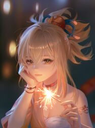 Rule 34 | 1girl, absurdres, arm tattoo, blonde hair, blurry, blurry background, bracelet, breasts, choker, cleavage, closed mouth, commentary request, fireworks, genshin impact, guisa11139, hadanugi dousa, hand on own cheek, hand on own face, highres, japanese clothes, jewelry, kimono, long hair, looking at viewer, medium breasts, open clothes, open kimono, orange kimono, ponytail, red choker, sarashi, single bare shoulder, small breasts, solo, sparkler, tattoo, upper body, yellow eyes, yoimiya (genshin impact)