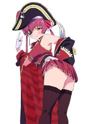 Rule 34 | 1girl, absurdres, arrow through heart, black coat, black hat, black thighhighs, blush, breasts, coat, cropped jacket, hair ribbon, hat, highres, hololive, houshou marine, houshou marine (1st costume), jacket, large breasts, leotard, leotard under clothes, looking at viewer, mugi0913, pirate hat, red coat, red eyes, red hair, red jacket, red ribbon, red skirt, ribbon, skirt, sleeveless, sleeveless jacket, smile, solo, thighhighs, two-sided coat, two-sided fabric, v, virtual youtuber, white background