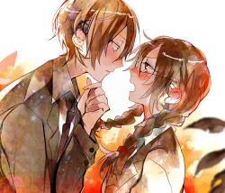 Rule 34 | 1boy, 1girl, blush, braid, brown hair, eye contact, glasses, long hair, looking at another, necktie, open mouth, original, poni (rito), school uniform, short hair, tears, twin braids