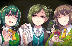 Rule 34 | 3girls, asymmetrical hair, bad id, bad pixiv id, braid, brown eyes, brown hair, business suit, can, closed eyes, commentary request, drink, energy drink, folded ponytail, formal, green eyes, green hair, green vest, hair ornament, hair over shoulder, hair scrunchie, hairband, hand gesture, heart, heart-shaped pupils, holding, holding can, holding paper, idolmaster, idolmaster (classic), idolmaster cinderella girls, idolmaster shiny colors, long hair, looking at viewer, monster energy, multiple girls, nanakusa hazuki, neck ribbon, necktie, office lady, open mouth, otonashi kotori, paper, ribbon, scrunchie, senkawa chihiro, shirt, short hair, single braid, smile, suit, swept bangs, symbol-shaped pupils, takezaka tarou, vest, white shirt