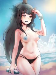 Rule 34 | absurdres, artemis of the blue, atelier live, beach, bikini, bikini bottom only, black eyes, black hair, blue nipples, bottle, breasts, breasts apart, colored nipples, exhibitionism, highres, holding, holding bottle, huge filesize, medium breasts, navel, neroshi, nipples, ocean, open mouth, public indecency, pussy, shark fin, shark girl, sharp teeth, solo, stomach, swimsuit, teeth, thighs, topless, virtual youtuber, water bottle