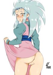 Rule 34 | 1girl, anus, big hair, blue background, blue hair, blush, brown eyes, censored yuu, cleft of venus, clothes lift, dress, dress lift, earrings, forehead, from behind, highres, jewelry, long sleeves, looking back, no panties, parted lips, pussy, ryouko (tenchi muyou!), sidelocks, simple background, solo, tenchi muyou!, uncensored