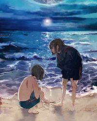 Rule 34 | 2boys, bare legs, barefoot, beach, black hair, blood on ground, blue male swimwear, blue swim trunks, bob cut, commentary request, drawing, footprints, full moon, gr 7, grey hair, highres, holding, holding stick, jacket, leaning forward, looking at another, male focus, male swimwear, moon, multiple boys, nature, night, night sky, ocean, original, outdoors, short hair, shorts, sky, squatting, standing, stick, swim trunks, swimsuit, topless male