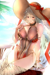 Rule 34 | 1girl, absurdres, animal ears, areola slip, bare arms, bracelet, braid, breasts, cleavage, condom, condom packet strip, condom wrapper, covered erect nipples, curvy, granblue fantasy, grey hair, hair between eyes, hat, highres, jewelry, large breasts, long hair, looking at viewer, magisa (granblue fantasy), magisa (summer) granblue fantasy, official alternate costume, one-piece swimsuit, partially unzipped, rabbit ears, reki (dezuko), seductive smile, see-through, see-through cleavage, sideless outfit, smile, solo, straw hat, sun hat, swimsuit, twin braids, v-shaped eyebrows, very long hair