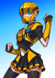 Rule 34 | 1girl, armor, black hair, black thighhighs, blonde hair, blue background, blue eyes, breasts, bumblebee, choker, clenched hands, faulds, fingerless gloves, genderswap, genderswap (mtf), gloves, highres, mask, mouth mask, multicolored hair, personification, pleated skirt, ryuusei (mark ii), short hair, skirt, small breasts, solo, streaked hair, thighhighs, transformers, transformers prime, two-tone hair, zettai ryouiki