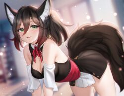 Rule 34 | 1girl, :3, :d, animal ears, bare shoulders, black dress, breasts, brown hair, cleavage, commentary, cowboy shot, detached sleeves, dress, english commentary, fox ears, fox tail, gigamessy, green eyes, honkai: star rail, honkai (series), large tail, long hair, looking at viewer, medium breasts, open mouth, parted lips, short dress, sleeveless, sleeveless dress, smile, solo, tail, thighs, tingyun (honkai: star rail)