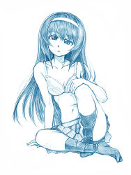 Rule 34 | 1girl, arm support, bbb (friskuser), blue theme, bra, breasts, closed mouth, collarbone, frown, girls und panzer, half-closed eyes, hand on own knee, highres, lace, lace-trimmed bra, lace trim, leaning to the side, long hair, looking at viewer, miniskirt, monochrome, navel, pleated skirt, reizei mako, sitting, skirt, small breasts, socks, solo, underwear