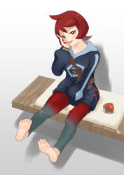 Rule 34 | 1girl, absurdres, arezu (pokemon), barefoot, creatures (company), feet, game freak, hand on own cheek, hand on own face, highres, looking at viewer, medium hair, nintendo, open mouth, poke ball, pokemon, pokemon legends: arceus, red eyes, red hair, sitting, soles, toes