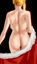 Rule 34 | 1girl, absurdres, artoria pendragon (fate), artoria pendragon (lancer) (fate), ass, back, backboob, black background, blonde hair, breasts, cape, fate/grand order, fate (series), fur-trimmed cape, fur trim, highres, large breasts, nude, simple background, solo, upper body, user ewnk8557