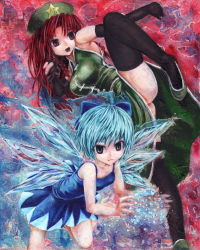 Rule 34 | 2girls, blue eyes, blue hair, bow, braid, china dress, chinese clothes, cirno, dress, embodiment of scarlet devil, hair bow, hat, hong meiling, kabaji, long hair, multiple girls, oil painting (medium), painting (medium), red eyes, red hair, short hair, touhou, traditional media, twin braids, wings