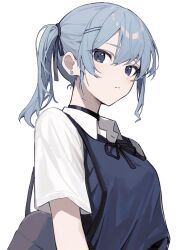 Rule 34 | 1girl, alternate costume, bag, blue eyes, blue hair, closed mouth, collared shirt, earrings, eyelashes, from side, frown, hair between eyes, highres, hololive, hoshimachi suisei, jewelry, karyln, light blue hair, long hair, looking at viewer, school uniform, shirt, shoulder bag, side ponytail, simple background, solo, star (symbol), star in eye, stud earrings, sweater vest, symbol in eye, upper body, virtual youtuber, white background