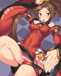 Rule 34 | 1girl, 2015, bare shoulders, blush, breasts, brown eyes, brown hair, china dress, chinese clothes, covered erect nipples, covered navel, dated, detached sleeves, dress, female focus, guilty gear, hair ornament, hairclip, imazon, kuradoberi jam, large breasts, leg up, long hair, open mouth, panties, pantyshot, pink panties, skin tight, skirt, solo, striped clothes, striped panties, thigh strap, twitter username, underwear, very long hair, wide sleeves