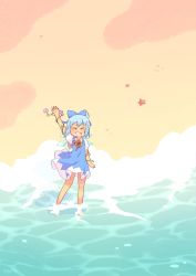 Rule 34 | 1girl, akhts, arm up, artist name, barefoot, beach, blue bow, blue dress, blue hair, blush, bow, cirno, closed eyes, collared shirt, commentary, dark-skinned female, dark skin, detached wings, dress, english commentary, flower, full body, hair bow, highres, neck ribbon, ocean, open mouth, outdoors, pinafore dress, promotional art, puffy short sleeves, puffy sleeves, purple flower, red ribbon, ribbon, seashell, shell, shirt, short hair, short sleeves, sleeveless dress, solo, standing, sunflower, tanned cirno, touhou, wading, waves, waving, white shirt, wings, yellow flower