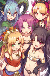 Rule 34 | 5girls, aged down, ahoge, aqua hair, bare shoulders, bikini, black bikini, black gloves, black hair, blonde hair, blush, braid, breasts, choker, collarbone, crossed bangs, detached collar, earrings, elbow gloves, ereshkigal (fate), fate/grand order, fate (series), gloves, gold trim, gorgon (fate), green eyes, hair between eyes, hand on own hip, highres, hoop earrings, horns, ishtar (fate), jewelry, long hair, long horns, looking at viewer, matching hair/eyes, medusa (fate), medusa (rider) (fate), mou tama maru, multiple girls, navel, neck ring, necklace, open mouth, own hands together, parted bangs, pointy ears, purple eyes, purple hair, quetzalcoatl (fate), red eyes, rider, siblings, sisters, small breasts, smile, sparkle, striped clothes, striped gloves, swimsuit, symbol-shaped pupils, tiamat (fate), two side up, very long hair, wavy mouth, white background, white bikini, x-shaped pupils