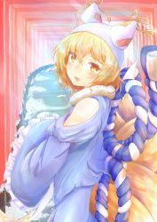 Rule 34 | 1girl, absurdres, animal hat, bare shoulders, blonde hair, blue dress, blush, clothing cutout, commentary request, cowboy shot, dress, fox tail, frilled sleeves, frills, hair between eyes, hat, hat ribbon, head tilt, highres, juliet sleeves, long sleeves, looking at viewer, looking back, mob cap, multiple tails, open mouth, puffy sleeves, ribbon, rikuwashi, short hair, shoulder cutout, solo, standing, tail, touhou, touhou cannonball, white hat, wide sleeves, yakumo ran, yakumo ran (zodiac race), yellow eyes, yellow ribbon