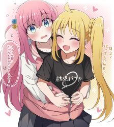 Rule 34 | 2girls, :d, ^ ^, absurdres, ahoge, black shirt, black skirt, blonde hair, blue eyes, blush, bocchi the rock!, closed eyes, collarbone, commentary request, cube hair ornament, flying sweatdrops, frown, gotoh hitori, guided hug, hair between eyes, hair ornament, happy, highres, holding hands, hug, hug from behind, ijichi nijika, jacket, long hair, long sleeves, looking at another, looking back, meiji (meizi493), miniskirt, multiple girls, nervous, one side up, open mouth, parted bangs, partial commentary, pink jacket, pleated skirt, polka dot, polka dot background, revision, shirt, short sleeves, side ponytail, sidelocks, simple background, skirt, smile, speech bubble, sweatdrop, translated, very long hair, wavy mouth, white background, wide-eyed, yuri, zipper pull tab