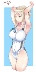 Rule 34 | 1girl, absurdres, arms up, artist name, attyon, blonde hair, blue background, blue border, border, breasts, commentary request, competition swimsuit, covered navel, cowboy shot, cropped legs, dated, goggles, unworn goggles, green eyes, highres, kantai collection, katori (kancolle), large breasts, no eyewear, one-piece swimsuit, solo, swimsuit, two-tone background, white one-piece swimsuit