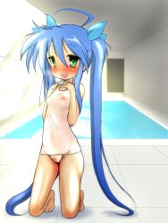 Rule 34 | 00s, blue hair, blush, green eyes, highres, izumi konata, kneeling, long hair, lucky star, mizushima (p201112), nipples, open mouth, rei no pool, ribbon, school swimsuit, see-through, swimsuit, toes, twintails