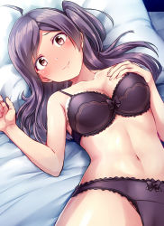 Rule 34 | 10s, 1girl, ahoge, bare arms, bed sheet, blush, bow, bow bra, bow panties, bra, breasts, cleavage, full-face blush, hagikaze (kancolle), hand on own chest, highres, kamelie, kantai collection, lace, lace-trimmed bra, lace-trimmed panties, lace trim, long hair, looking at viewer, lying, navel, on back, on bed, panties, pillow, purple bra, purple hair, purple panties, side ponytail, smile, solo, underwear, underwear only, yellow eyes