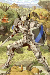 Rule 34 | 4boys, armor, bandaged arm, bandages, black hair, blonde hair, breastplate, colored skin, dragon&#039;s crown, fake horns, fighter (dragon&#039;s crown), fighting stance, full body, grass, green skin, hair between eyes, helmet, highres, holding, holding pickaxe, holding shield, holding sword, holding weapon, horned helmet, horns, looking to the side, lower teeth only, mace, male focus, armored boots, mountain, multiple boys, open mouth, orc, outdoors, pavement, pickaxe, plate armor, shield, shinichi kobe, shoulder armor, sword, teeth, tongue, tongue out, tree, upper teeth only, weapon