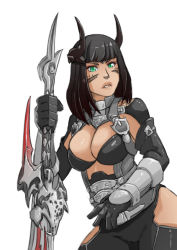 Rule 34 | 10s, 1girl, bad id, bad tumblr id, bankage, black gloves, black hair, blunt bangs, breasts, cleavage, elbow gloves, facial tattoo, final fantasy, final fantasy xiv, gauntlets, gloves, green eyes, hime cut, hip vent, horns, lips, planted, planted sword, planted weapon, roegadyn, solo, sword, tattoo, weapon