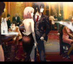 Rule 34 | absurdres, backless dress, backless outfit, bad id, bad pixiv id, black border, black dress, black eyes, black hair, black jacket, border, bracelet, closed mouth, collared shirt, dress, earphones, earrings, evening gown, formal, green eyes, grey pants, grey vest, hand in own hair, hand in pocket, haruno sakura, highres, jacket, jewelry, letterboxed, long sleeves, multiple boys, multiple girls, naruto (series), naruto shippuuden, necktie, niku (ni23ku), open clothes, open jacket, pants, pink hair, profile, red necktie, shirt, short hair, side slit, sleeveless, sleeveless dress, sparkle, spiked hair, thigh strap, uchiha sasuke, vest, white shirt, wing collar