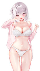 Rule 34 | 1girl, absurdres, blush, bow, bow panties, bra, breasts, cleavage, highres, jacket, large breasts, looking at viewer, navel, off shoulder, one eye closed, open clothes, open jacket, open mouth, original, panties, pink jacket, purple eyes, rubbing eyes, short hair, solo, straight-on, teeth, underwear, upper teeth only, white bra, white hair, white panties, yu lei