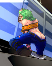 Rule 34 | 1girl, ass, bare shoulders, blue pants, breasts, butt crack, commission, denim, from behind, ghgnvm, green hair, hand in own hair, highres, hikage (senran kagura), holding, holding knife, jeans, knife, large breasts, long tongue, pants, reverse grip, senran kagura, senran kagura shoujo-tachi no shin&#039;ei, short hair, solo, strapless, tongue, torn clothes, torn jeans, torn pants, tube top, vambraces, yellow eyes