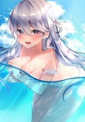 Rule 34 | 1girl, bikini, breasts, collarbone, copyright request, covering privates, covering breasts, hair between eyes, harui (hr x9 ), highres, large breasts, long hair, looking at viewer, mole, mole on breast, mole on thigh, nervous, partially submerged, purple hair, solo, sunlight, swimsuit, thighs, topless, underwater, water, wet, white bikini, white hair