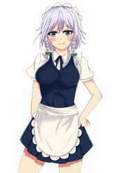 Rule 34 | 1girl, apron, blue dress, blue eyes, blue ribbon, breasts, closed mouth, collared shirt, commentary request, cowboy shot, dress, frilled apron, frills, grey hair, hand on own hip, happy, highres, izayoi sakuya, looking at viewer, maid, maid apron, medium breasts, medium hair, puffy short sleeves, puffy sleeves, ribbon, shirt, short sleeves, simple background, smile, touhou, vankin, waist apron, white apron, white background, white shirt