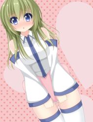 Rule 34 | 1girl, blue eyes, blush, chimunge, covering privates, covering crotch, detached sleeves, female focus, green hair, heart, heart-shaped pillow, highres, kochiya sanae, long hair, no pants, pillow, solo, thighhighs, touhou, white thighhighs