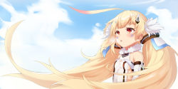 Rule 34 | 1girl, ahoge, azur lane, bare shoulders, blonde hair, blush, breasts, chestnut mouth, cloud, cloudy sky, commentary request, day, eldridge (azur lane), facial mark, floating hair, fur collar, gloves, hair ornament, highres, long hair, looking away, low twintails, one-piece swimsuit, open mouth, outdoors, ponta (velmar), red eyes, sideboob, sky, small breasts, solo, swimsuit, twintails, upper body, white gloves, white one-piece swimsuit, wind