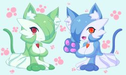 Rule 34 | 2girls, alternate color, animal ears, animal hands, blue hair, blush, blush stickers, breasts, cat ears, cat tail, chibi, creatures (company), fang, female focus, game freak, gardevoir, gen 3 pokemon, green hair, highres, jcdr, large breasts, lucy (jcdr), multiple girls, nintendo, nougat (jcdr), open mouth, orange eyes, pokemon, pokemon (creature), red eyes, shiny pokemon, short hair, simple background, tail
